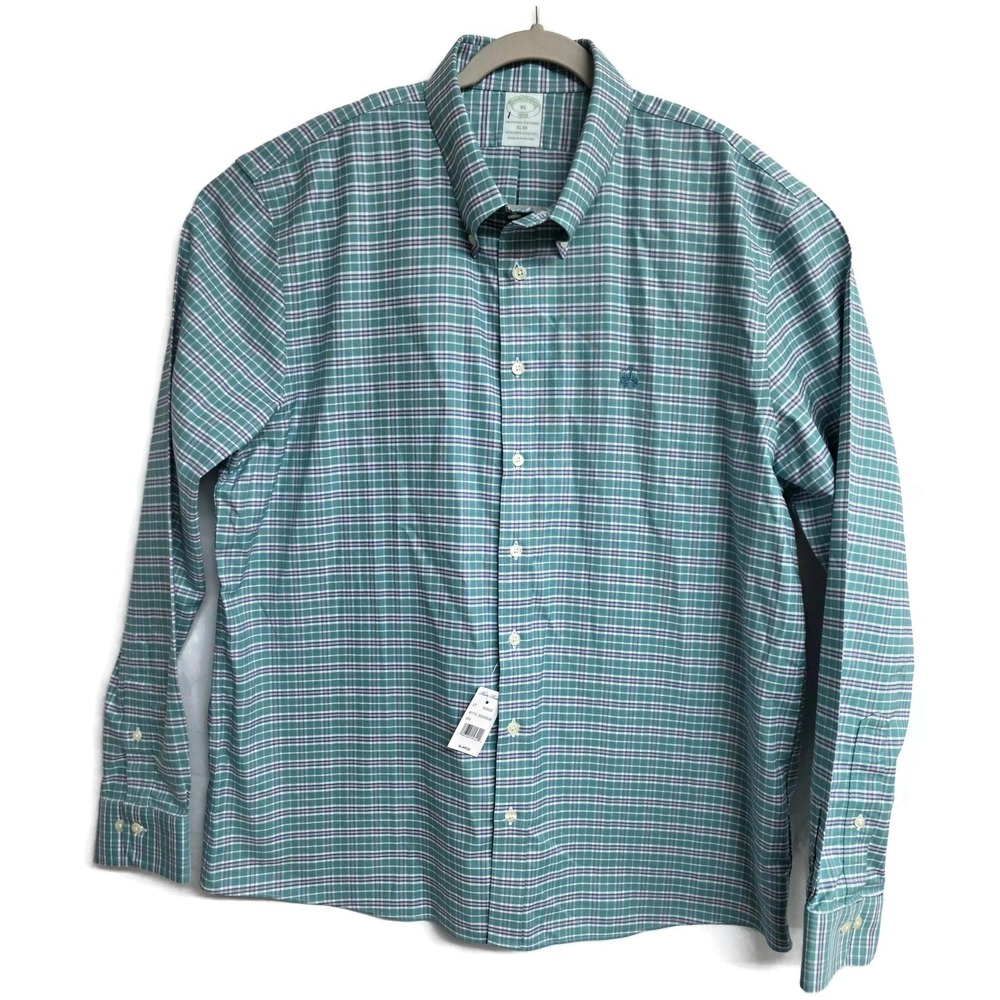 Brooks Brothers Shirt Mens XL Green Plaid Long Sleeve Button Non-Iron Stretch